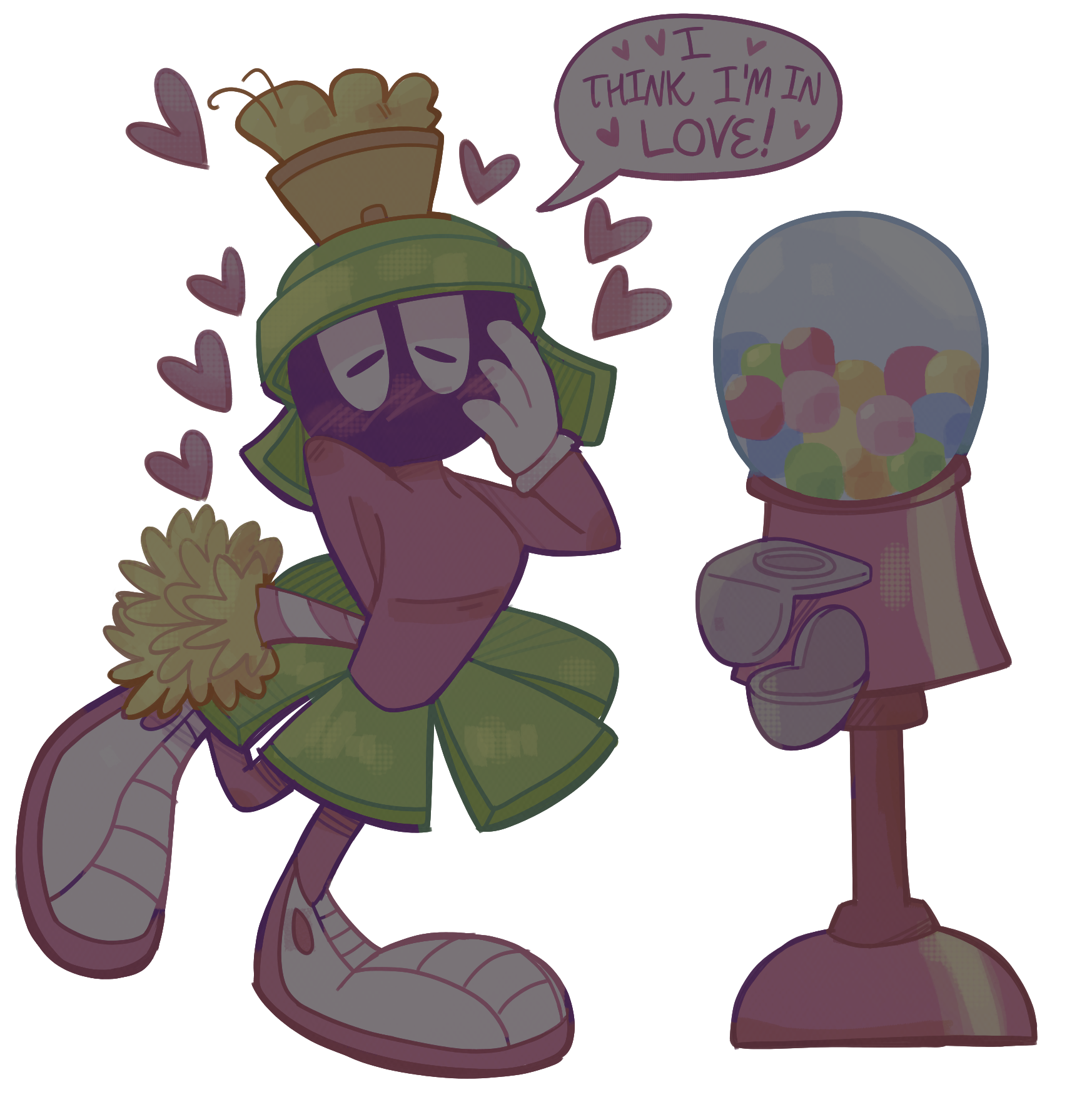 marvin the martian holding flowers next to a gumball machine,'I THINK I'M IN LOVE !'